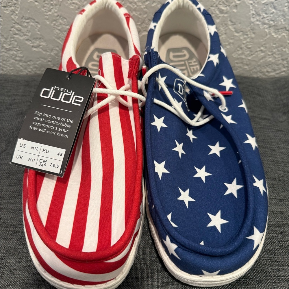 Hey Dude  Men’s Wally Patriotic Red and Blue Star Stripe Shoes